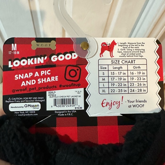 Woof Buffalo Check Pet Jacket - Medium - red/black checkered NWT - Picture 9 of 9